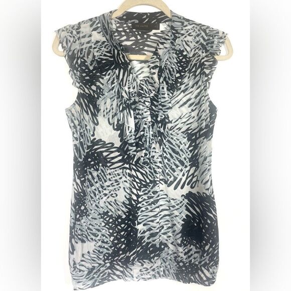 The Limited Sleeveless Sheer V Ruffle Soft Stretch Top Black White Ice Blue S - Picture 1 of 3